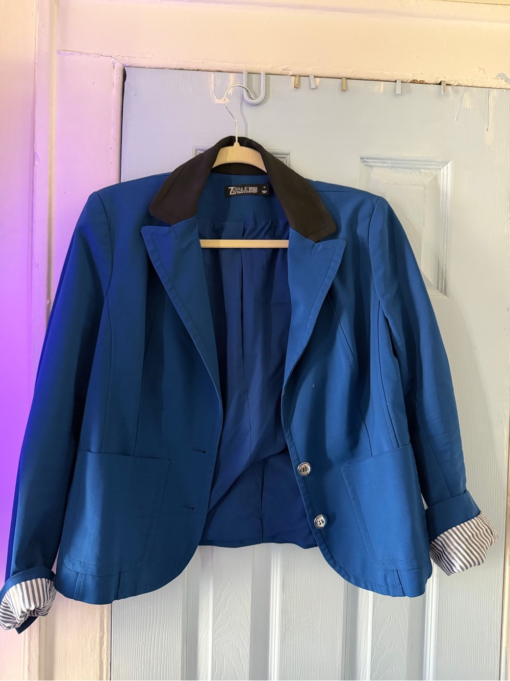 New York & Company Blue Tailored Blazer with Black Collar